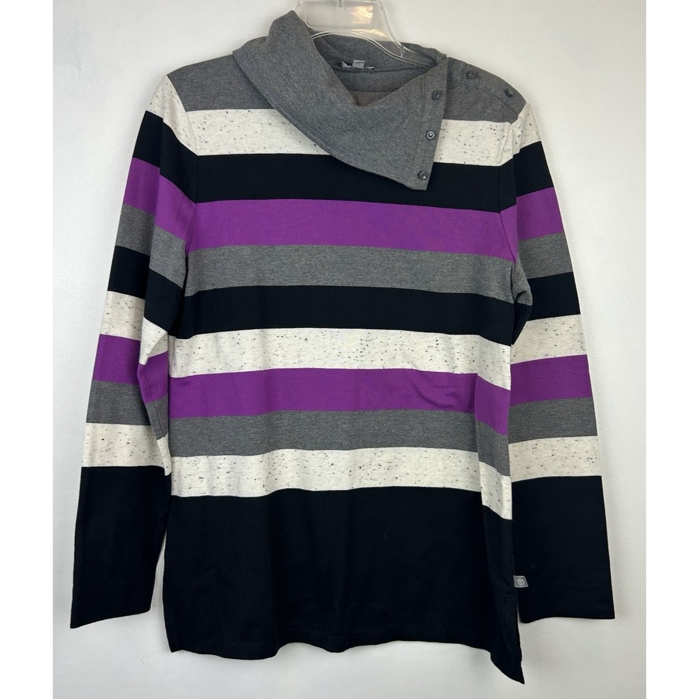 Talbots T Top Women Medium Stripe Long Sleeve Purple Gray Shirt Casual Old Money